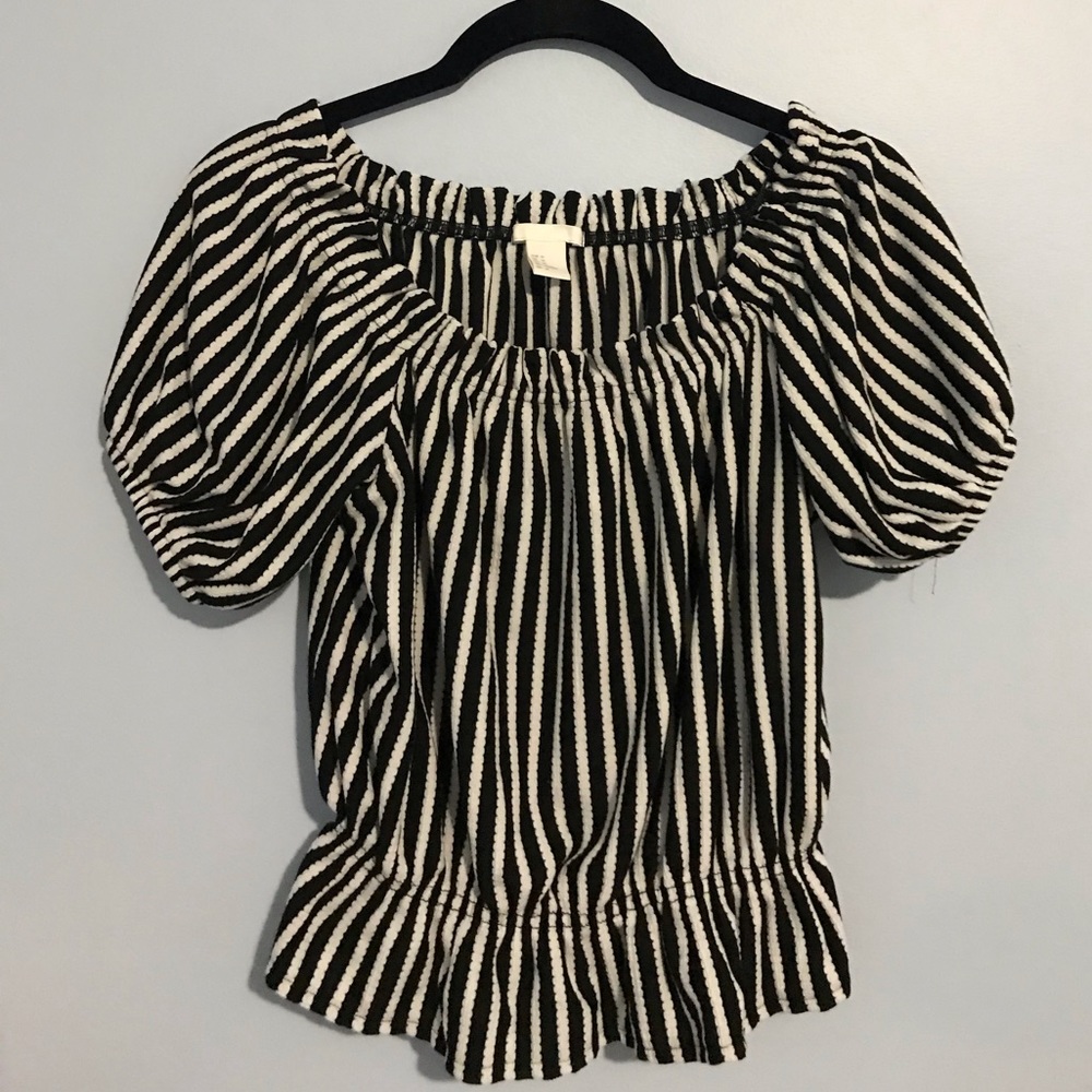 H&M Black and White Off-the-Shoulder Pinstripe Top